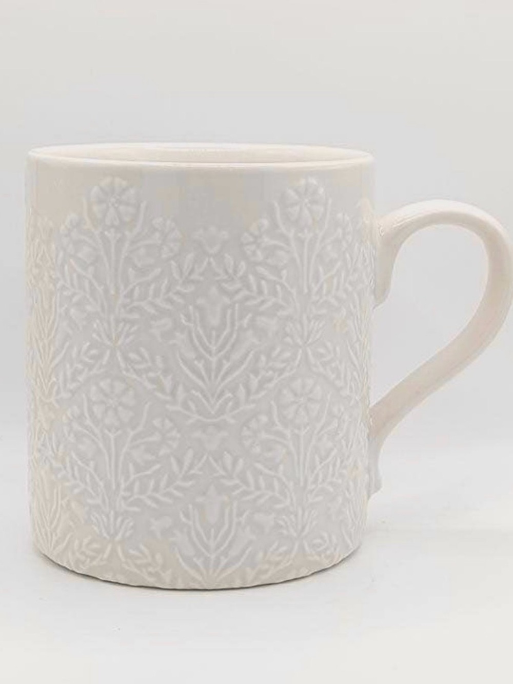 White Embossed Porcelain Mug with Botanical Floral Texture for coffee or tea